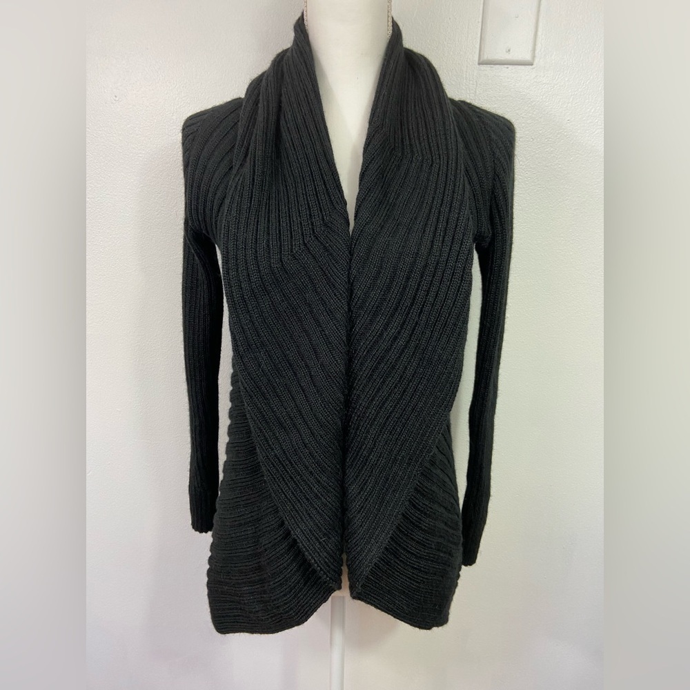 100% Baby Alpaca Ribbed Cardigan Sweater Draped Front Charcoal Grey Small Peru